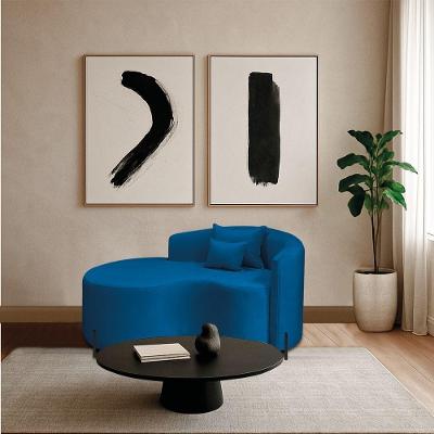 Divã Recamier Curvo Sala De Estar Recepção Inglaterra 150cm Pés Metal Preto Lado Esquerdo Linho Cor Azul Royal