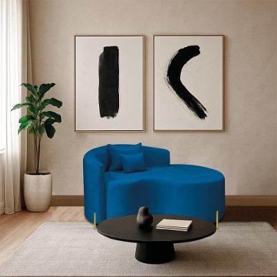 Divã Recamier Curvo Sala De Estar Recepção Inglaterra 200cm Pés Metal Dourado Lado Direito Linho Cor Azul Royal