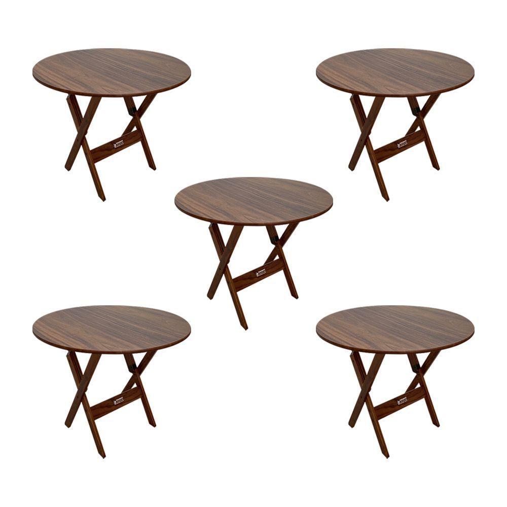 Kit 5 Mesas Dobráveis De Madeira Redonda 90cm Imbuia Cor: Marrom - 1