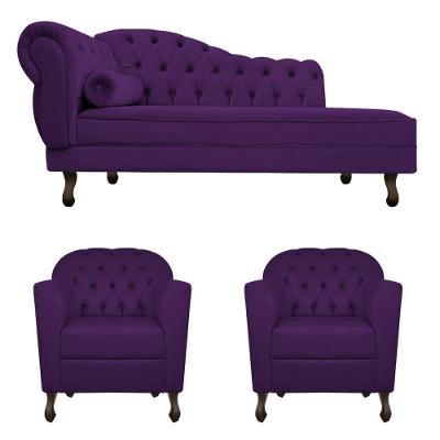 Kit Diva Recamier Diana 140cm Lado Direito e 02 Poltronas Julia Suede Roxo