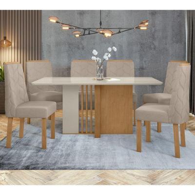 Mesa De Jantar 6 Cadeiras Com Tampo De Vidro Amêndoa-off White Astrid Móveis Lopas Amendoa