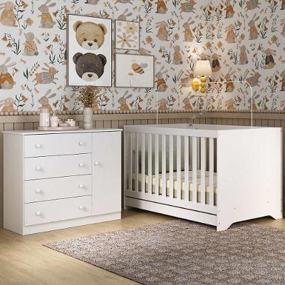 Berço Americano 3 Em 1 Com Cômoda 1 Porta 4 Gavetas Encanto Multimóveis MP4683 Branco
