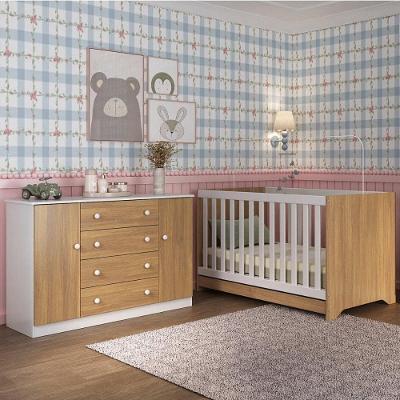 Berço Americano 3 Em 1 Com Cômoda 2 Portas 4 Gavetas Encanto Multimóveis MP4691 Branco-madeirado