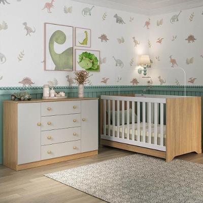 Berço Americano 3 Em 1 Com Cômoda 2 Portas 4 Gavetas Encanto Multimóveis MP4691 Madeirado-off White