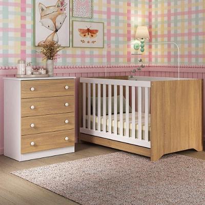 Berço Americano 3 Em 1 Com Cômoda 4 Gavetas Encanto Multimóveis MP4687 Branco-madeirado