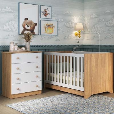 Berço Americano 3 Em 1 Com Cômoda 4 Gavetas Encanto Multimóveis MP4687 Madeirado-branco