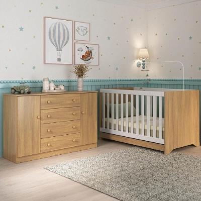 Berço Americano 3 Em 1 Com Cômoda 2 Portas 4 Gavetas Encanto Multimóveis MP4691 Madeirado