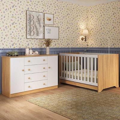 Berço Americano 3 Em 1 Com Cômoda 2 Portas 4 Gavetas Encanto Multimóveis MP4691 Madeirado-branco