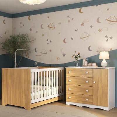 Berço Americano 3 Em 1 Com Cômoda 1 Porta 4 Gavetas Realeza Multimóveis MP4685 Branco-madeirado