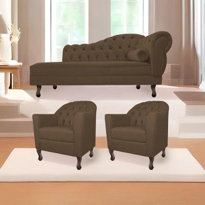 Kit Diva Recamier Diana 160cm Lado Esquerdo e 02 Poltronas Julia Suede Marrom