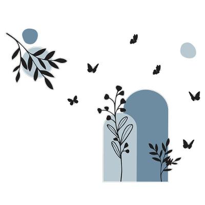 Adesivo Parede Boho Floral Minimalista Borboleta Jardim Azul Aço