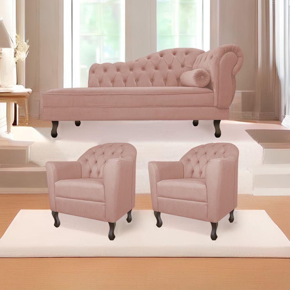 Kit Diva Recamier Diana 160cm Lado Esquerdo e 02 Poltronas Julia Suede Rosê - 1