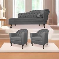 Kit Diva Recamier Diana 185cm Lado Esquerdo e 02 Poltronas Julia Linho Cinza escuro - 1