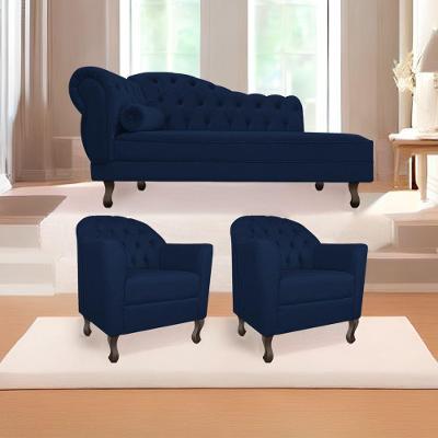 Kit Diva Recamier Diana 160cm Lado Direito e 02 Poltronas Julia Suede Azul Marinho