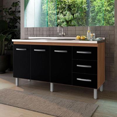 Balcão Cravo 3 Portas 3 Gavetas Cozinha Mb1 160cm Cor Savana Preto Pc