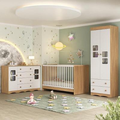 Quarto De Bebê Completo Com Berço 3 Em 1 Para Colchão 130x60cm Serena Multimóveis Mp4531 Madeirado/branco