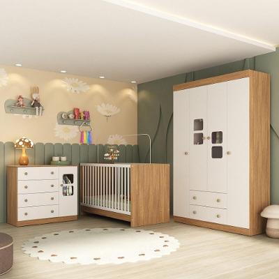 Quarto De Bebê Completo Com Berço 3 Em 1 Para Colchão 130x60cm Brisa Multimóveis Mp4517 Madeirado/branco