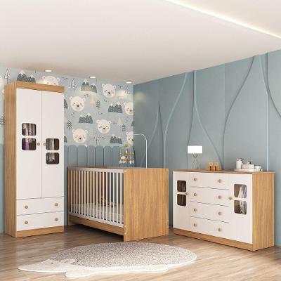 Quarto De Bebê Completo Com Berço 3 Em 1 Para Colchão 130x60cm Brisa Multimóveis Mp4529 Madeirado/branco