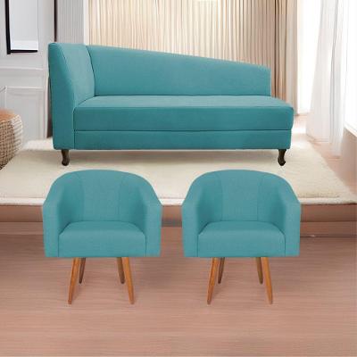 Kit Diva Recamier Heitor 140cm Lado Esquerdo e 02 Poltronas Luiza Suede Azul turquesa