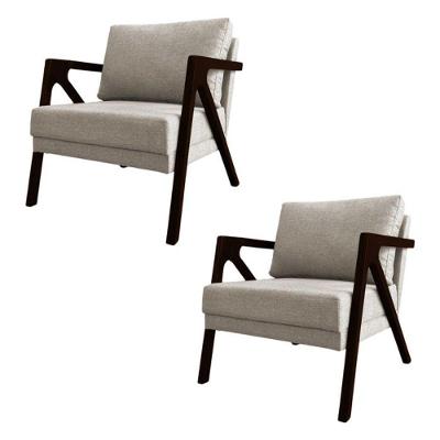 Conjunto 2 Poltronas Sala De Estar Monique Madeira Castanho Bege Linho