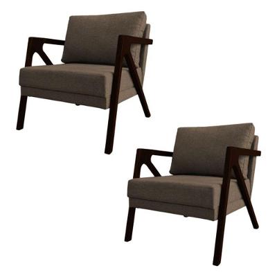 Conjunto 2 Poltronas Sala De Estar Monique Madeira Castanho Marrom Linho
