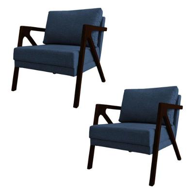 Conjunto 2 Poltronas Sala De Estar Monique Madeira Castanho Azul Linho