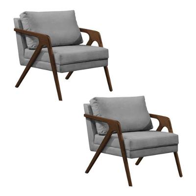 Conjunto 2 Poltronas Sala De Estar Monique Madeira Mel Cinza Veludo