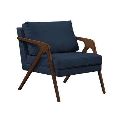 Poltrona Sala De Estar Base Madeira Maciça Monique Mel Azul Veludo