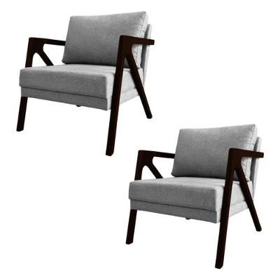 Conjunto 2 Poltronas Sala De Estar Monique Madeira Castanho Cinza Linho