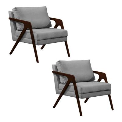 Conjunto 2 Poltronas Sala De Estar Monique Madeira Castanho Cinza Veludo