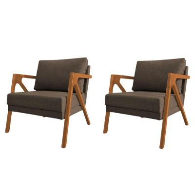 Conjunto 2 Poltronas Sala De Estar Monique Madeira Cerejeira Marrom Linho