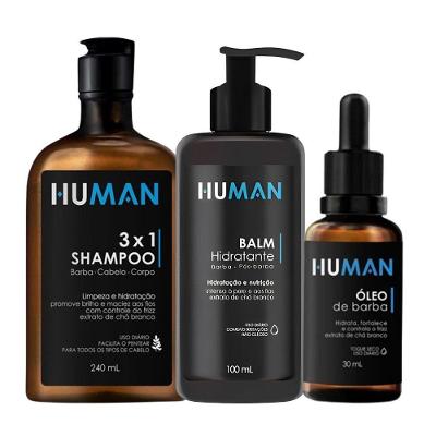 Kit Shampoo 3×1 240ml E Creme Balm Pós Barba Com óleo Hidratante Human 30ml