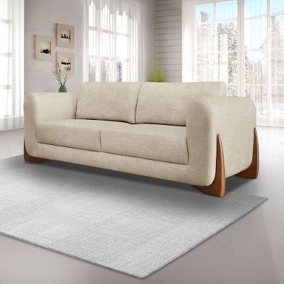 Sofá 2 Lugares 1,80m Linho Bouclé Bege Com Detalhes Em Madeira - Jobim Lucadi Home