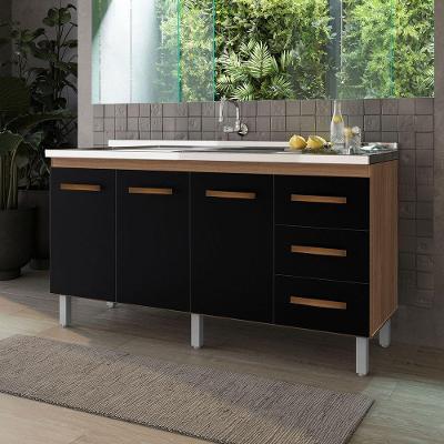 Balcão Vinca 3 Portas 3 Gavetas Cozinha Mb1 150cm Cor Savana Preto