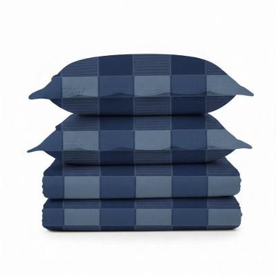 Kit Cobre Leito Colcha Magnus Queen 3 Peças Dupla Face Estampado Geométrico - Xadrez Marinho - 100% Poliéster