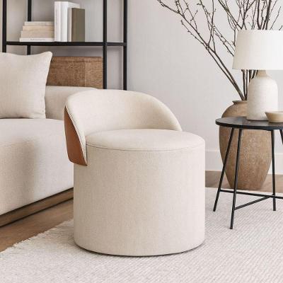 Puff Encosto Corino Linho Sala Orgânico Quarto Redondo Banco Bege