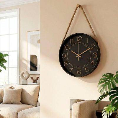 Relógio Parede Decorativo Redondo Preto Com Corda Alça 30cm