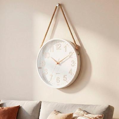Relógio Parede Redondo Decoração Branco Gold Alça Corda 25cm