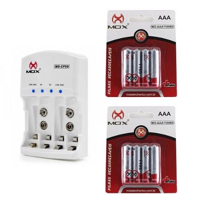 Kit Carregador Bivolt 8 Pilhas Recarregável Mox Aaa 1000mah