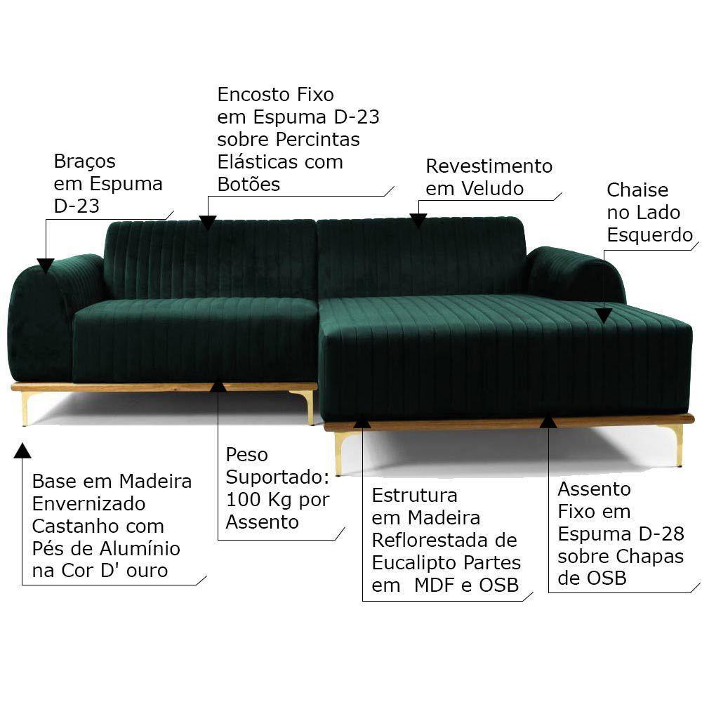 Sofá 4 Lugares com Chaise Base de Madeira Euro 255 Cm Verde - 2