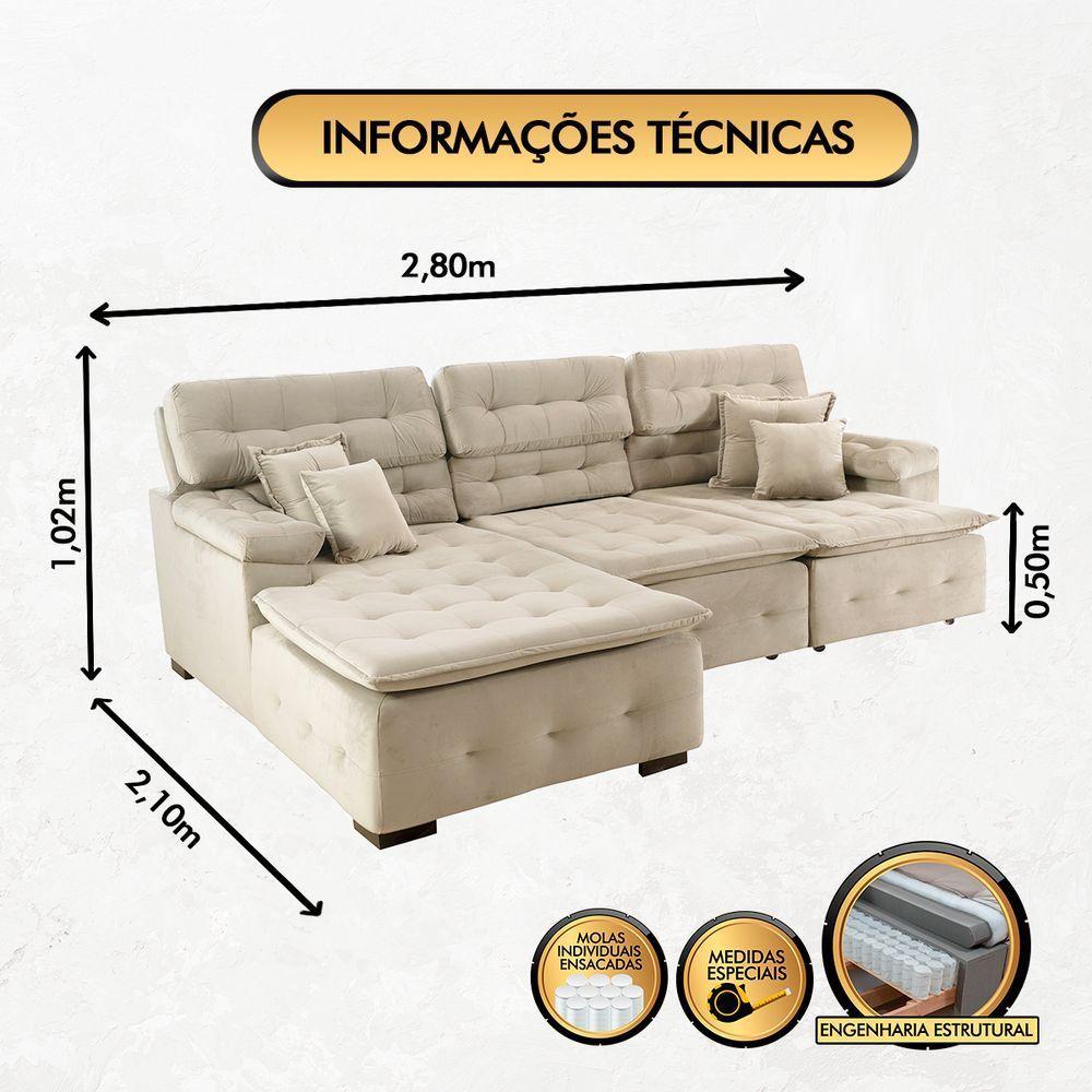 Sofá Orlando 2.80x2.10m Com Chaise, Retrátil E Reclinável - Bege - 2