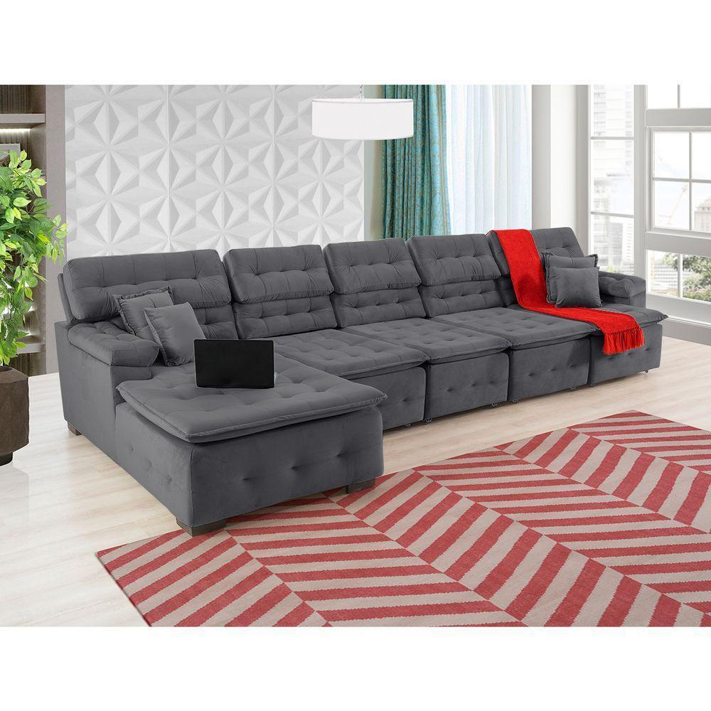 Sofá Orlando 4.20x2.10m Com Chaise, Retrátil E Reclinável - Chumbo - 1