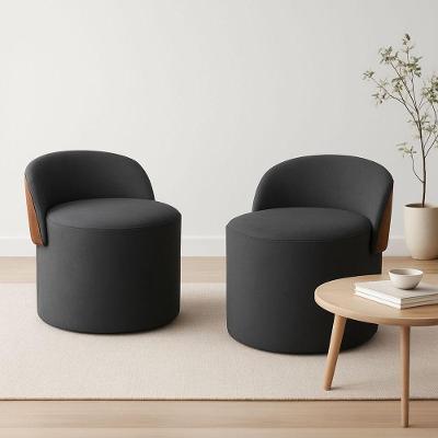 Kit 2 Puff Curvo Com Encosto Redondo Orgânico Sala Confortável Resistente Composé Suede Corino Suede Cinza Chumbo