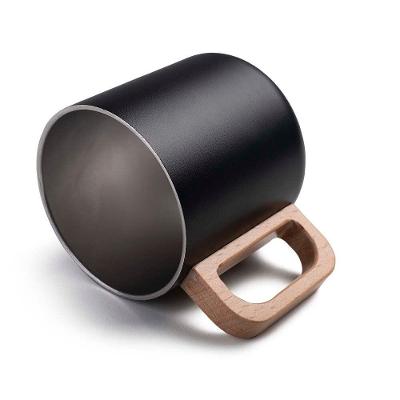 Caneca Térmica Elegante 400ml Com Alça De Bambu - Dupla Parede Inox Preta