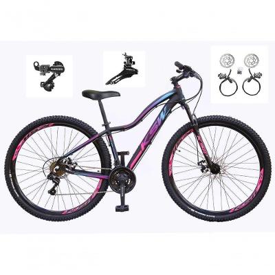 Bicicleta Aro 29 Ksw Mwza Feminina Câmbios Shimano 21v Freio Hidráulico Garfo Suspensão preto-pink-Azul Tam: 17