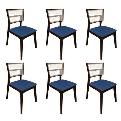 Kit 6 Cadeiras De Jantar Tela Premium Madeira Maciça Manuela Azul Veludo Castanho