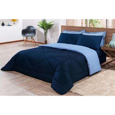 Kit Edredom + Jogo De Lençol Aconchego Look House Casal Padrão 6 Peças 80% Algodão , 20% Poliéster- Azul Marinho E Azul