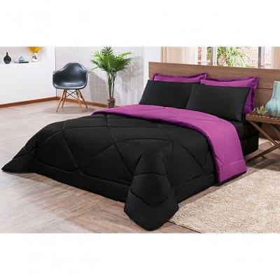 Kit Edredom + Jogo De Lençol Aconchego Look House Casal Padrão 6 Peças 80% Algodão , 20% Poliéster- Preto- Roxo