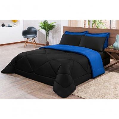 Kit Edredom + Jogo De Lençol Aconchego Look House Casal Padrão 6 Peças 80% Algodão , 20% Poliéster- Preto- Azul