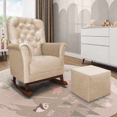 Poltrona De Amamentação Balanço Madeira E Puff Angelin Suede P02 - D'rossi Bege